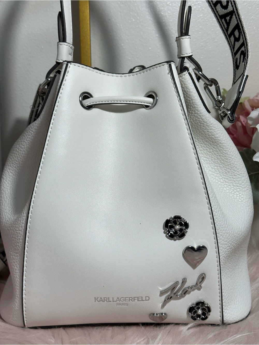 Karl lagerfeld White Bucket Bag with guitar Strap